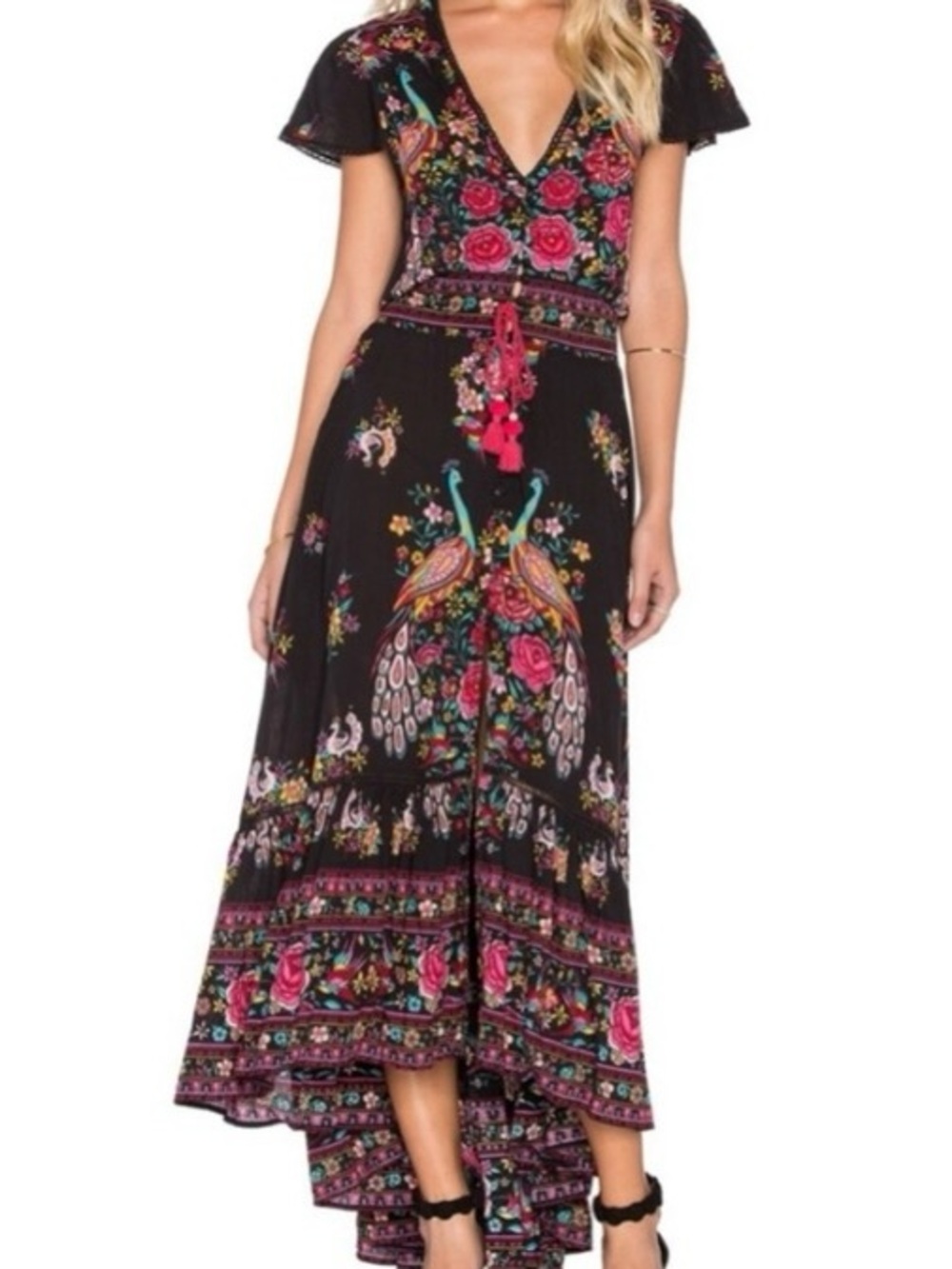 Cupshe Black High-Low Maxi Dress with Pink & Teal Peacock Motif